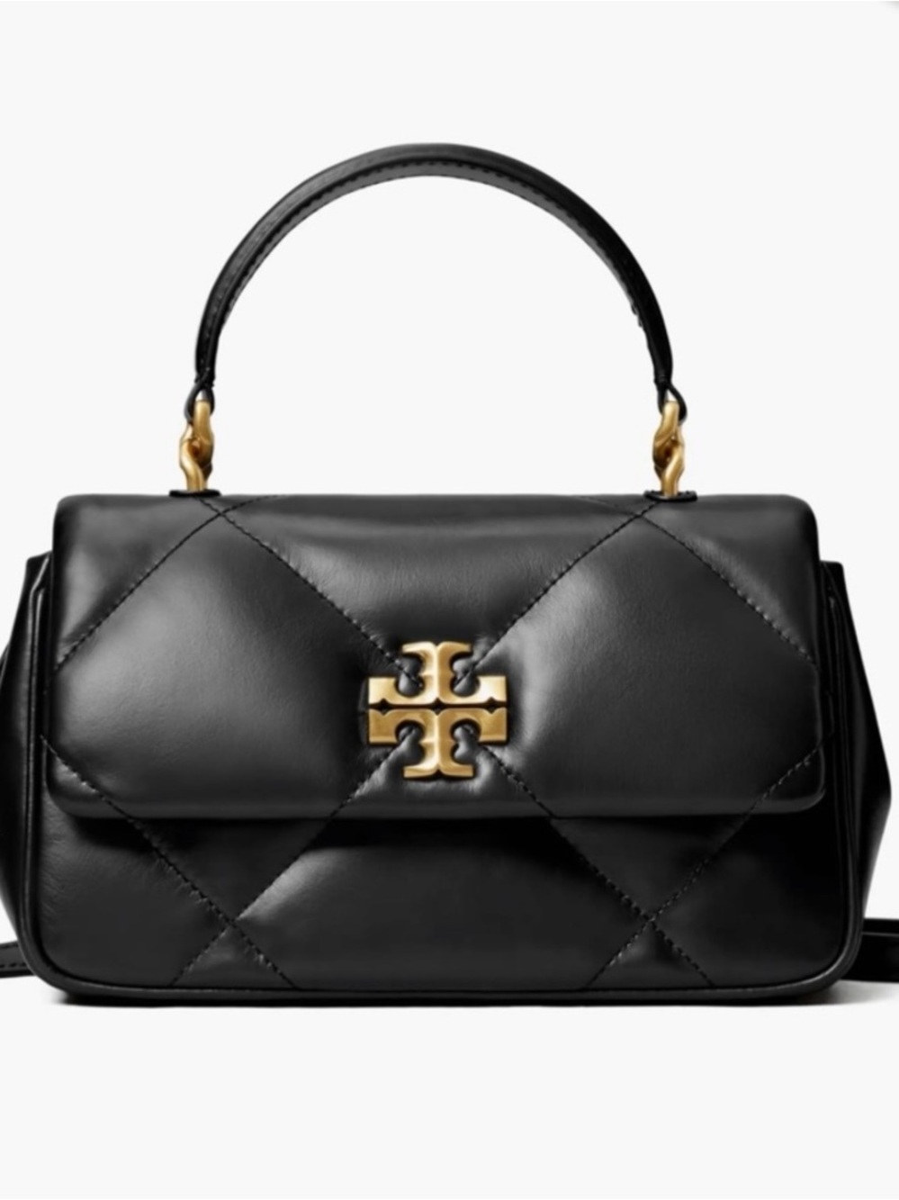 Tory Burch Black Quilted Leather Top-Handle Satchel with Gold Logo